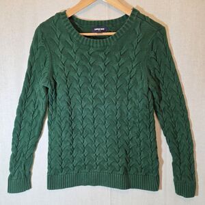 Lands End Drifter Sweater Green Cotton Basketweave Knit Women's S Coastal Core